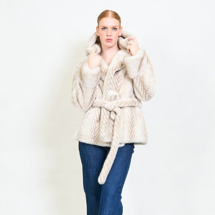 Chevron faux fur belted hooded coat wholesale
