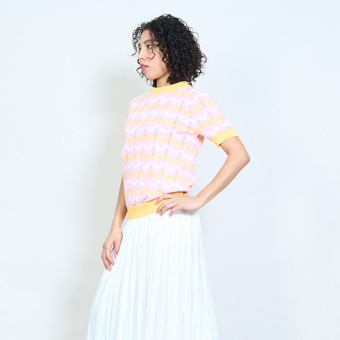 Chevron pattern crew neck short sleeve knit top wholesale