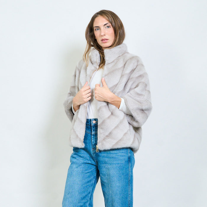 Chevron striped faux fur coat with high collar wholesale