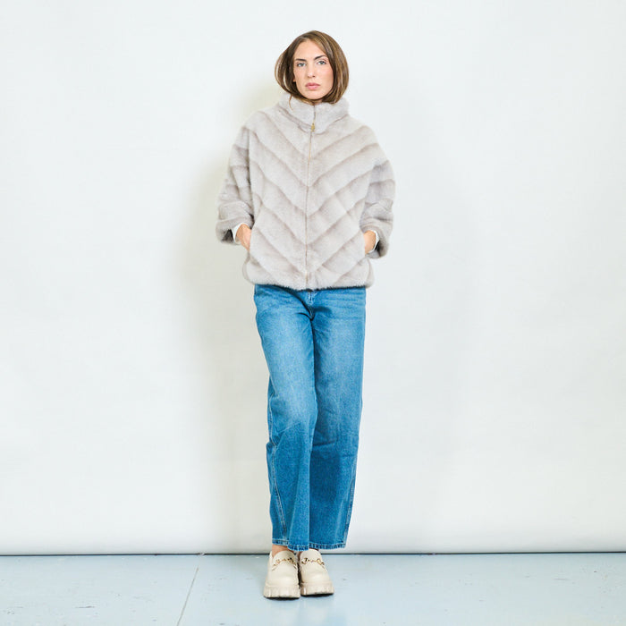 Chevron striped faux fur coat with high collar wholesale