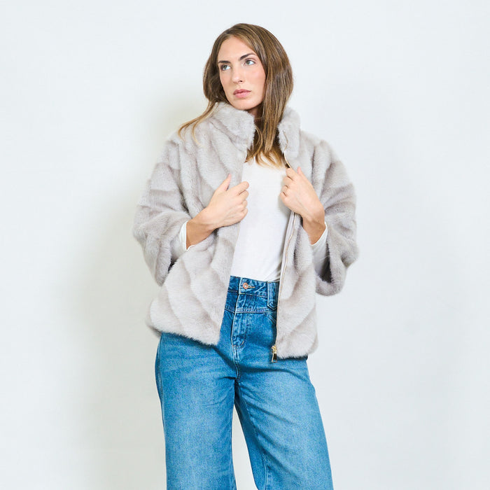 Chevron striped faux fur coat with high collar wholesale