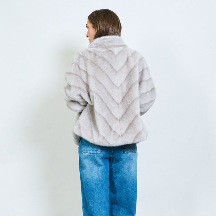 Chevron striped faux fur coat with high collar wholesale