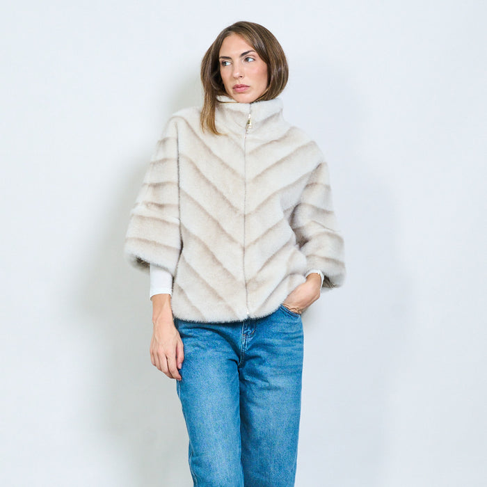 Chevron striped faux fur coat with high collar wholesale