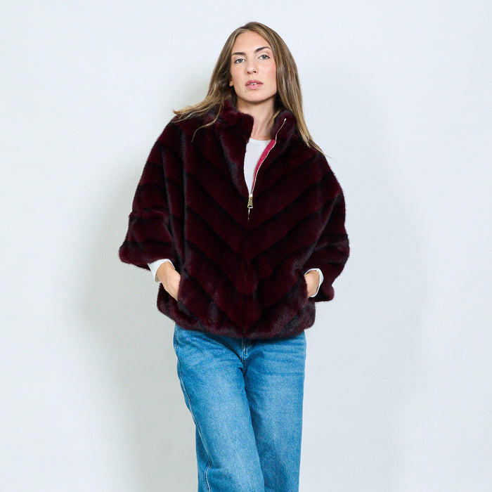 Chevron striped faux fur coat with high collar wholesale