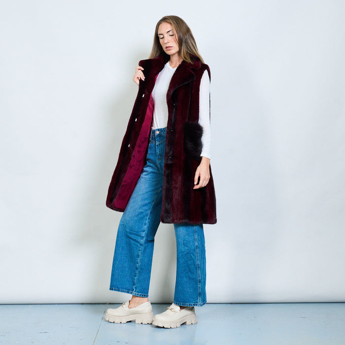 Chevron striped faux fur long vest with flap pockets wholesale