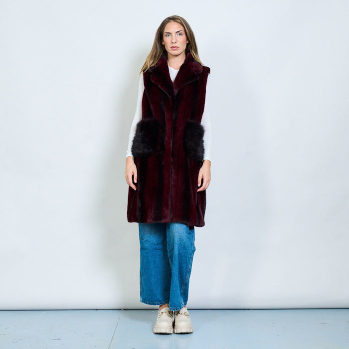 Chevron striped faux fur long vest with flap pockets wholesale