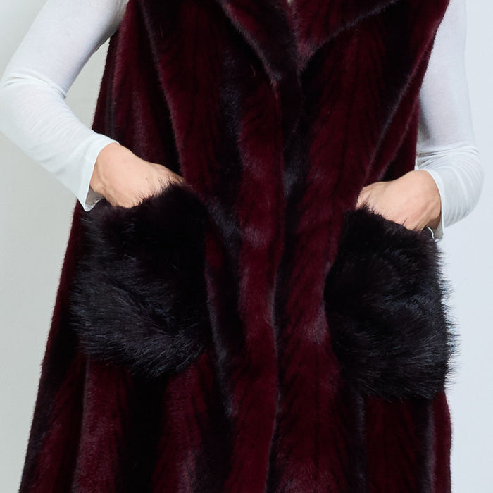 Chevron striped faux fur long vest with flap pockets wholesale