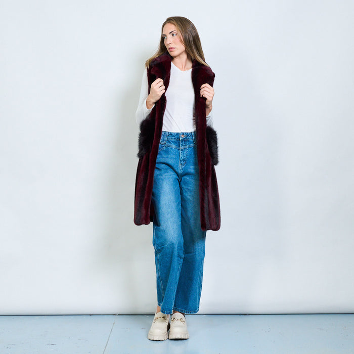 Chevron striped faux fur long vest with flap pockets wholesale