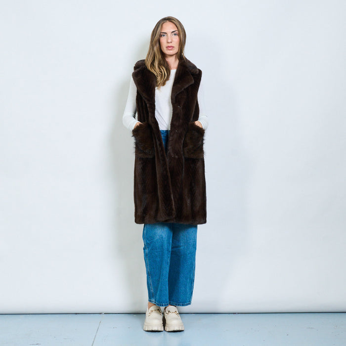 Chevron striped faux fur long vest with flap pockets wholesale