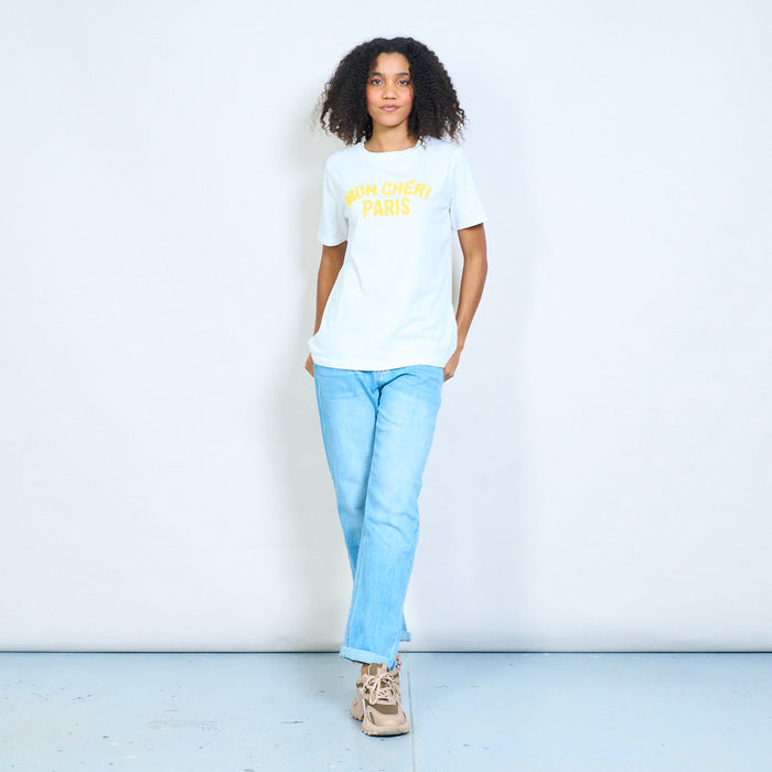 Chic "Mon cheri Paris" yellow chenille slogan cotton t-shirt wholesale