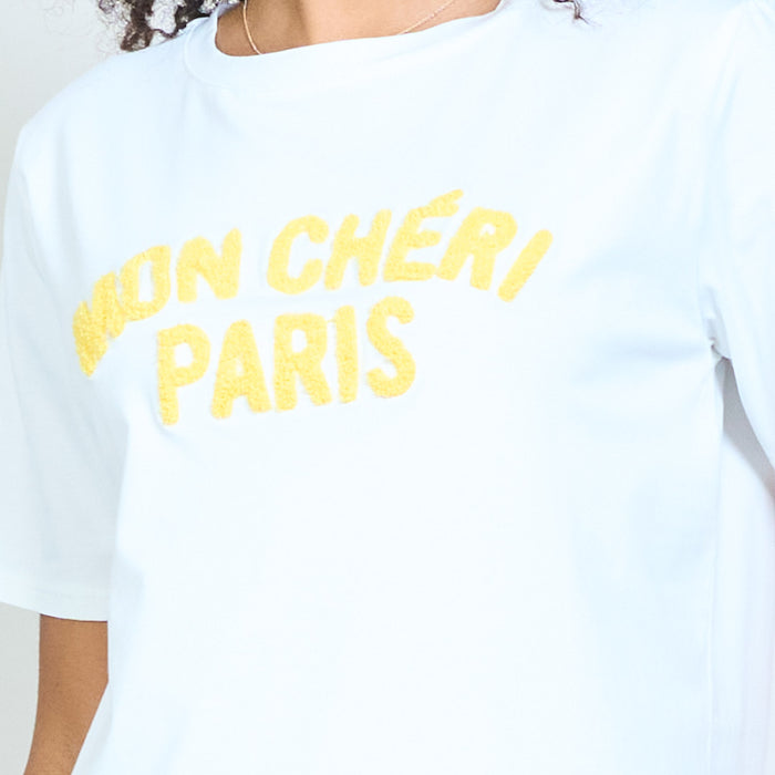 Chic "Mon cheri Paris" yellow chenille slogan cotton t-shirt wholesale