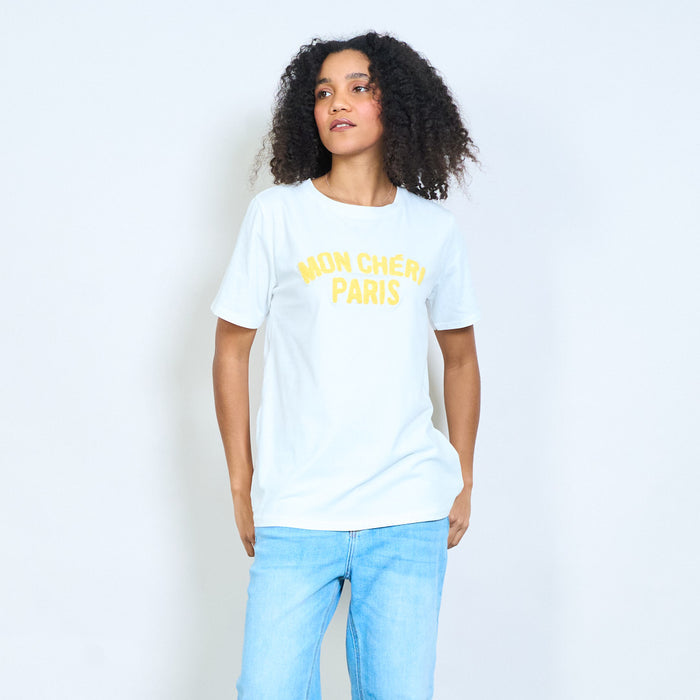 Chic "Mon cheri Paris" yellow chenille slogan cotton t-shirt wholesale