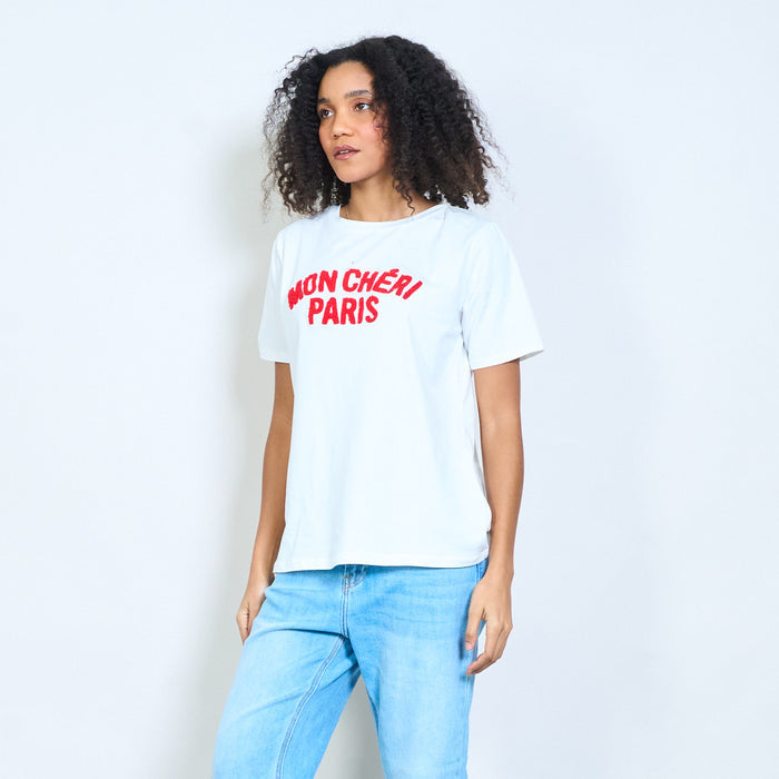 Chic "Mon cheri Paris" yellow chenille slogan cotton t-shirt wholesale