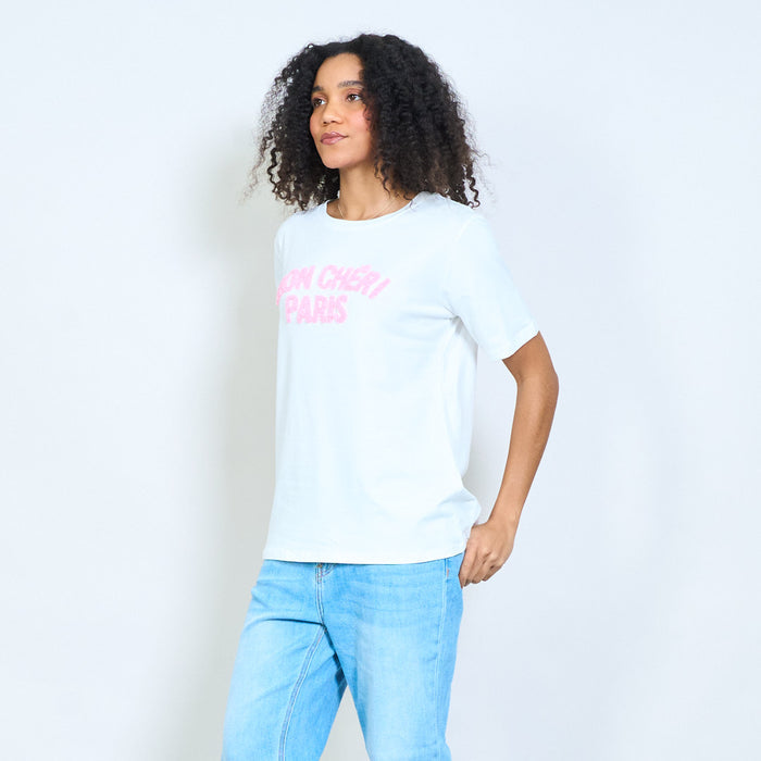 Chic "Mon cheri Paris" yellow chenille slogan cotton t-shirt wholesale