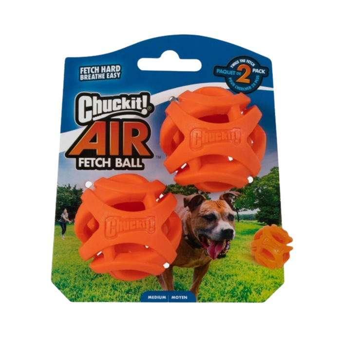 White background with a twin pack ChuckIt! Air Fetch small dog balls, pictured on the pack is a brown dog.
