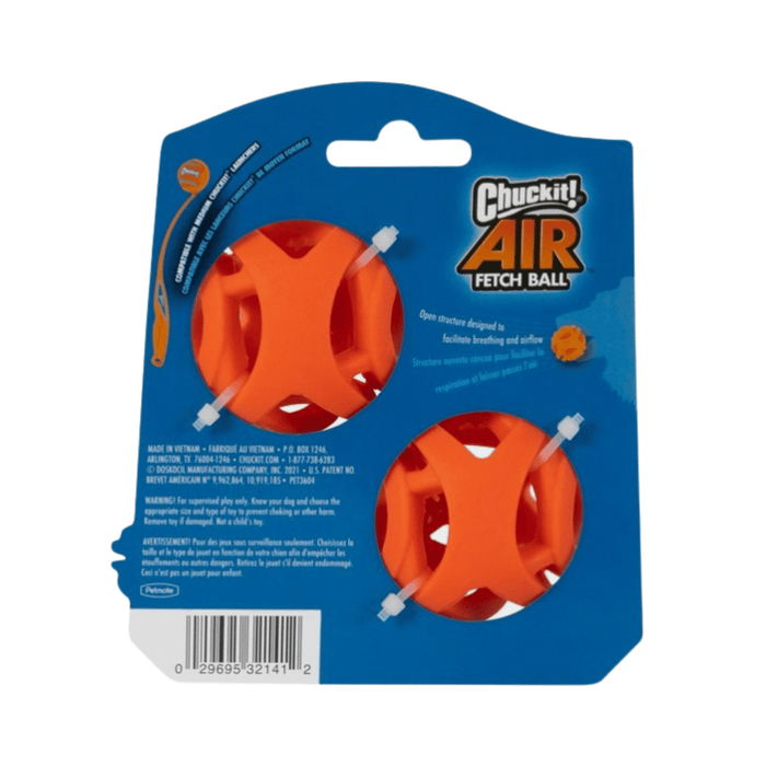 White background with a back view of a twin pack ChuckIt! Air Fetch small dog balls, pictured on the pack is a brown dog.