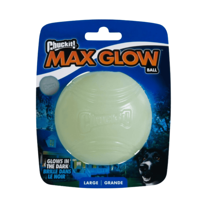 White background with a pack of one ChuckIt! Max Glow large dog ball, pictured on the pack is a Collie dog.
