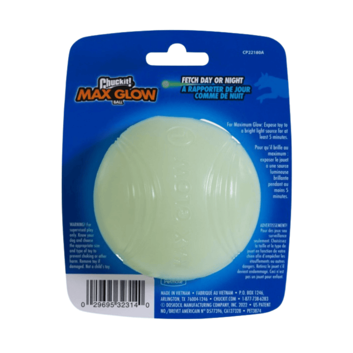 White background with a back view of a pack of one ChuckIt! Max Glow large dog ball, pictured on the pack is a Collie dog.
