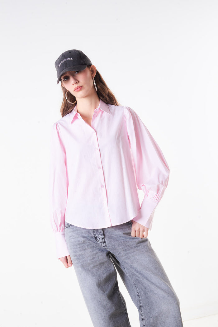 Classic button front blouse with puff sleeves and wide cuff detail wholesale
