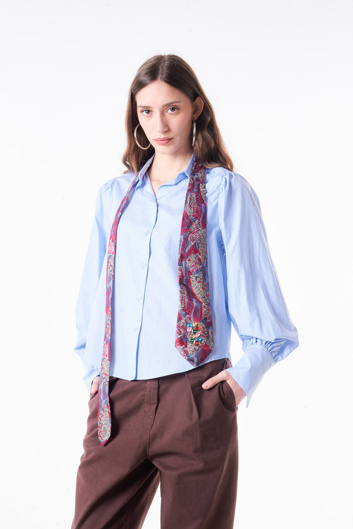 Classic button front blouse with puff sleeves and wide cuff detail wholesale