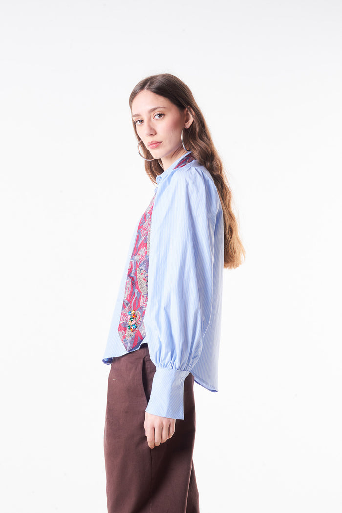 Classic button front blouse with puff sleeves and wide cuff detail wholesale
