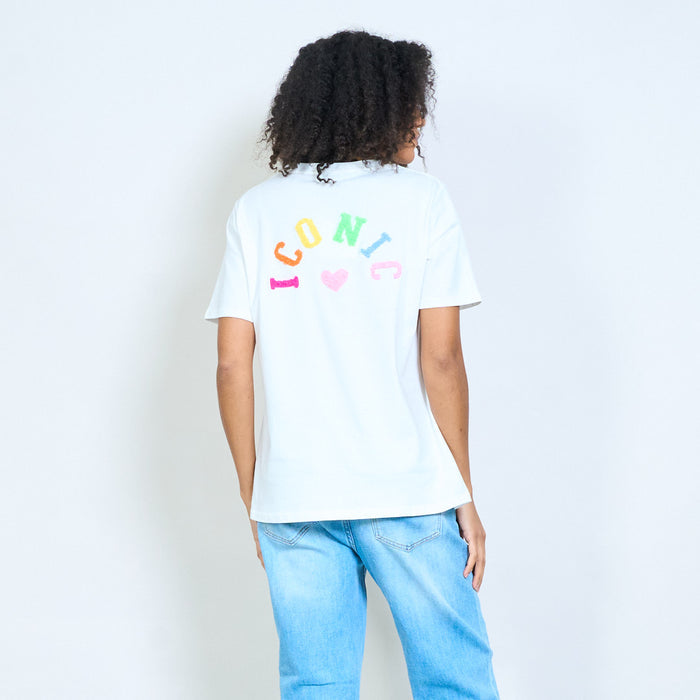 Colorful "Iconic" chenille heart letter back cotton t-shirt wholesale
