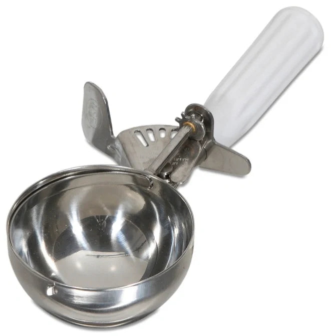 Metal ice cream scoop with a white handle on a white background