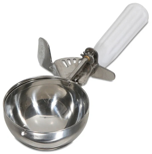 Metal ice cream scoop with a white handle on a white background