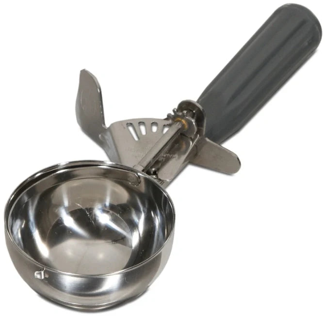 Metallic ice cream scoop with a gray handle on a white background