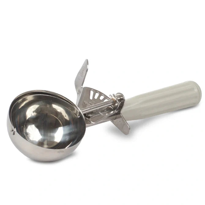 Metal ice cream scoop with a white handle on a white background