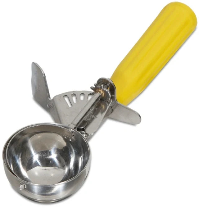 Metal ice cream scoop with yellow handle on a white background