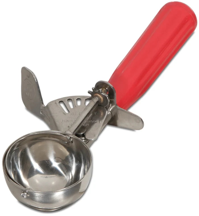 Metallic ice cream scoop with a red handle on a white background
