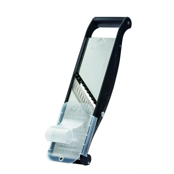 Black and clear vegetable slicer on a white background.