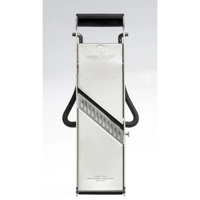Metallic mandolin slicer tool with black handle on a light gray background.