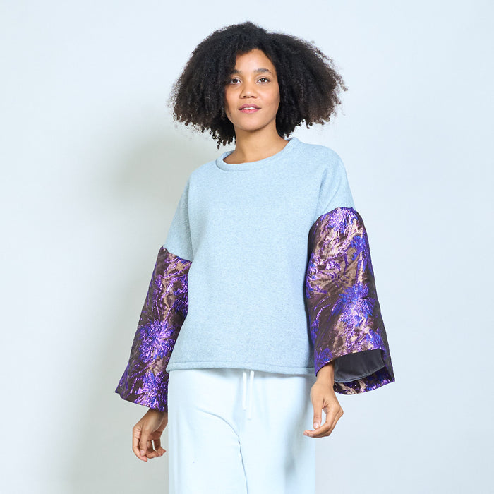 Contrast jacquard floral bell sleeve soft knit sweatshirt wholesale