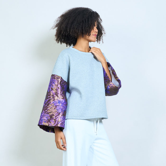 Contrast jacquard floral bell sleeve soft knit sweatshirt wholesale