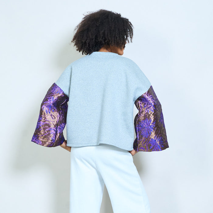 Contrast jacquard floral bell sleeve soft knit sweatshirt wholesale
