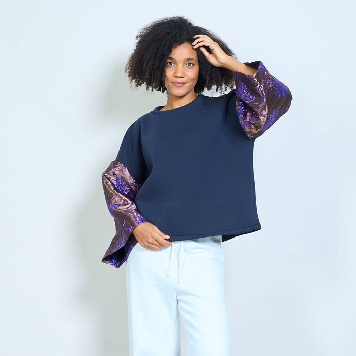 Contrast jacquard floral bell sleeve soft knit sweatshirt wholesale