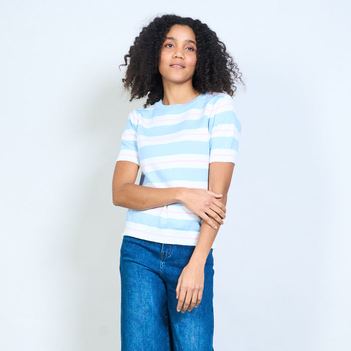 Contrast stripe crew neck short sleeve knit top wholesale