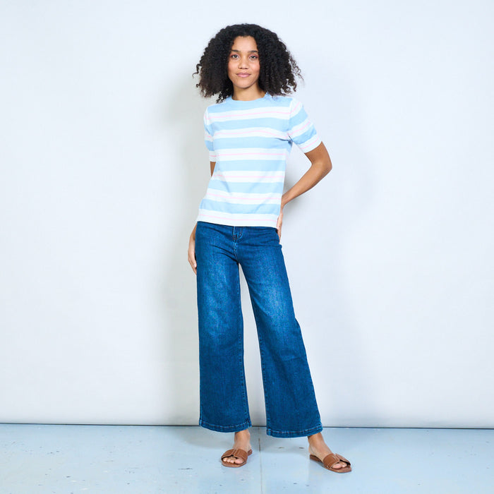 Contrast stripe crew neck short sleeve knit top wholesale