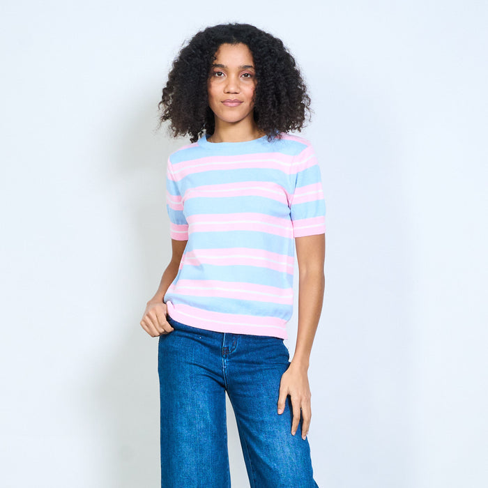 Contrast stripe crew neck short sleeve knit top wholesale