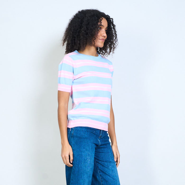 Contrast stripe crew neck short sleeve knit top wholesale