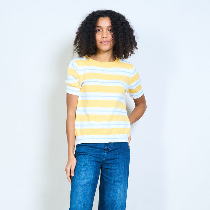 Contrast stripe crew neck short sleeve knit top wholesale