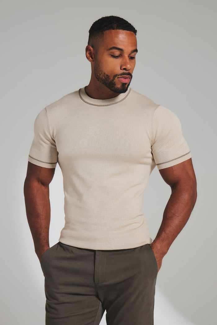 Contrast Tipped Knitted T-Shirt in Light Stone