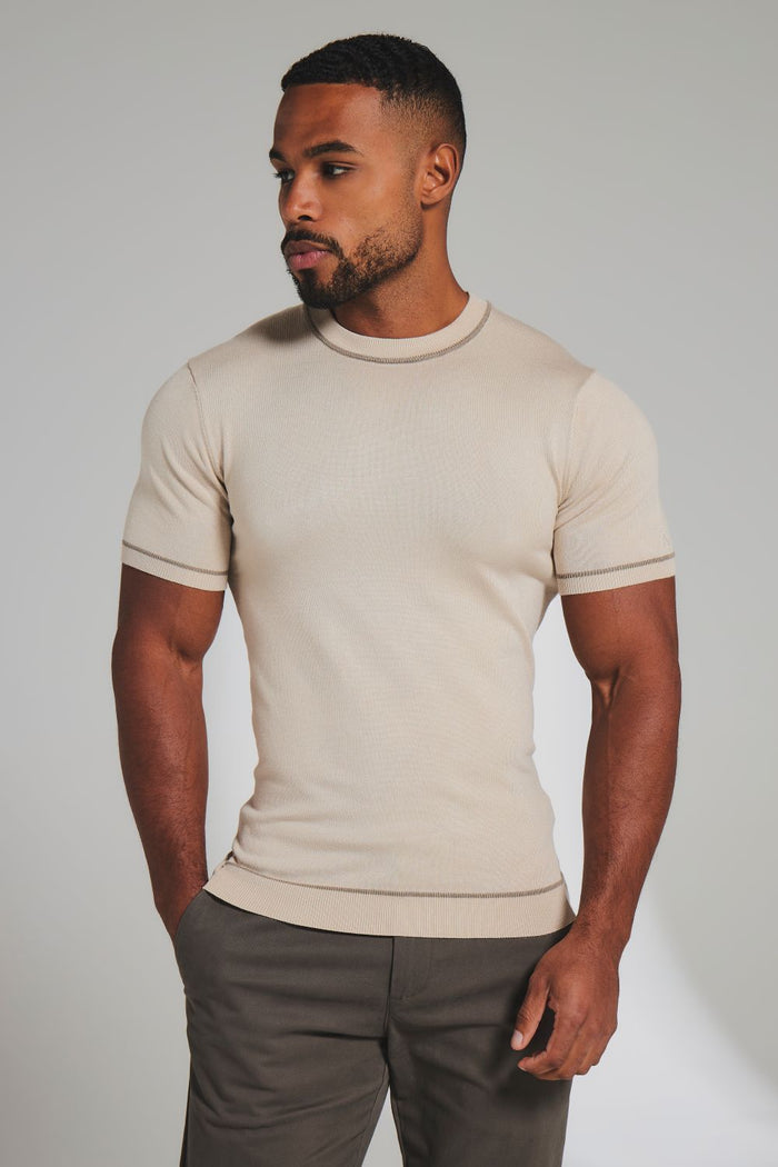 Contrast Tipped Knitted T-Shirt in Light Stone