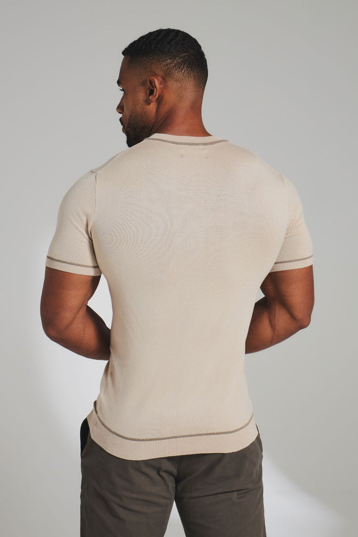 Contrast Tipped Knitted T-Shirt in Light Stone