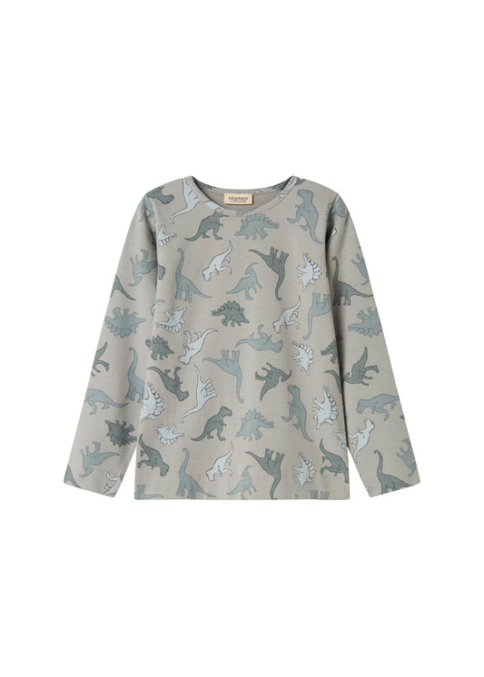 Langærmet T-shirt i lys grå med dino-mønster og ribkant ved halsen.