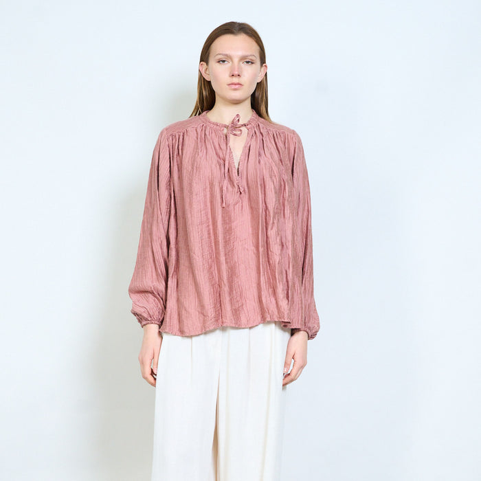 Crinkled texture blouse with tie neckline and relaxed fit wholesale