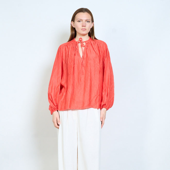Crinkled texture blouse with tie neckline and relaxed fit wholesale