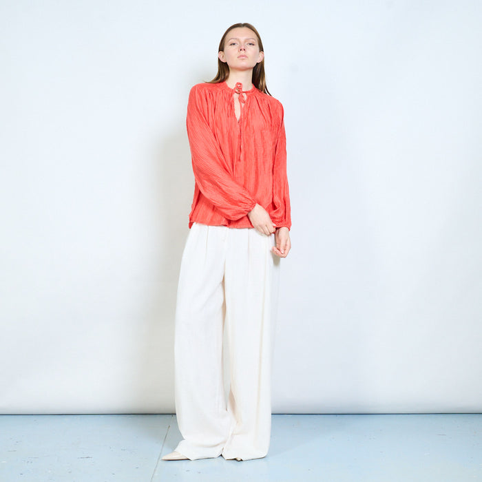 Crinkled texture blouse with tie neckline and relaxed fit wholesale